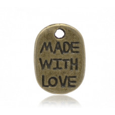 Подвеска металлическая Made with love 11*8 мм. Цвет бронза. ОПТ